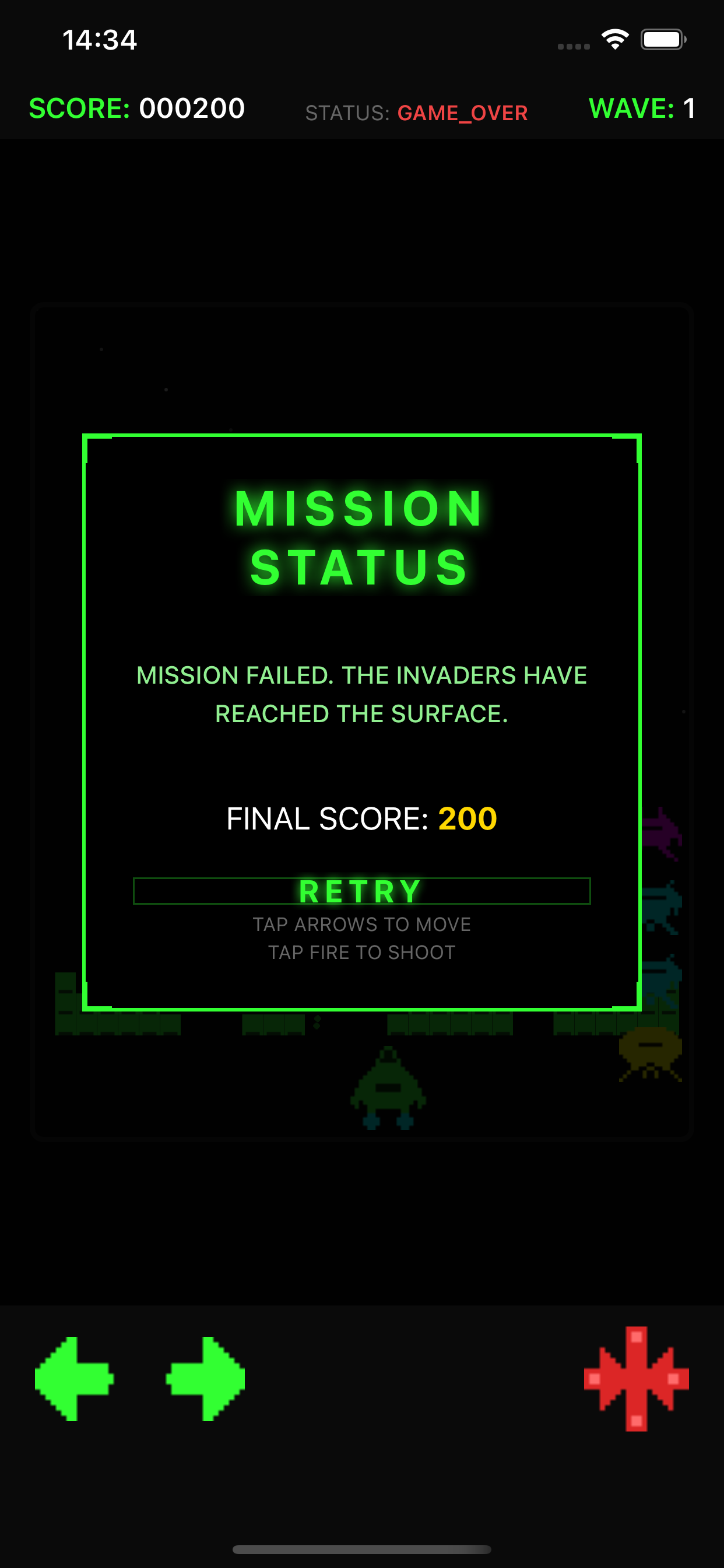 Game over screen displaying final score and mission report