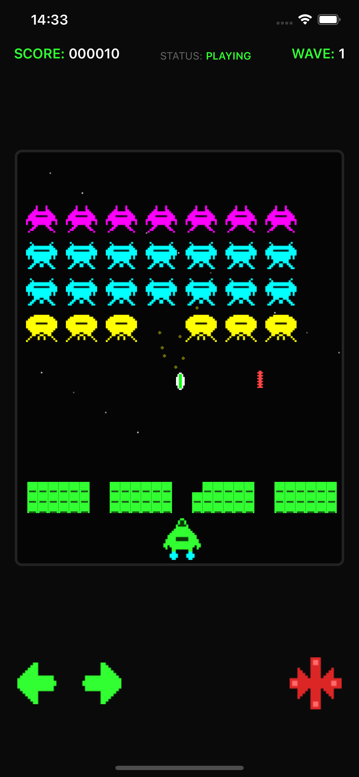 Active gameplay showing alien formation, player ship, and barrier shields