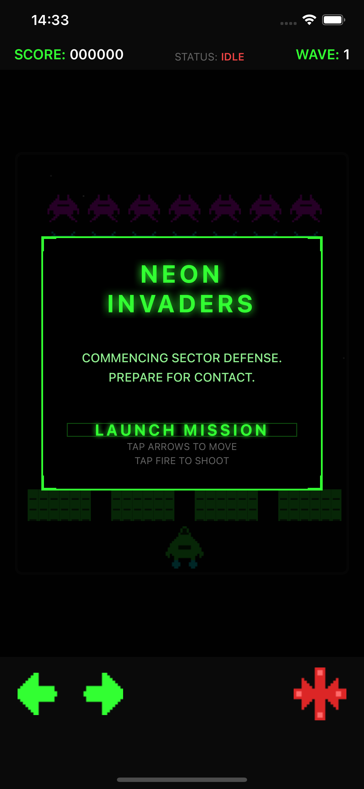 Title screen with Retro Invader logo and neon-green start button